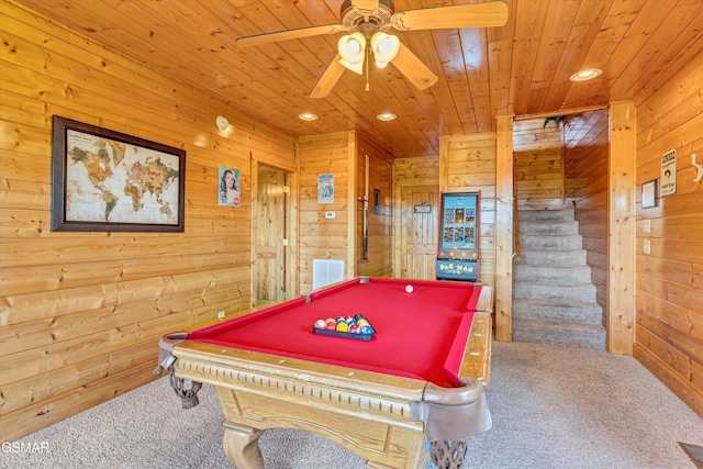 2513 Look Afar View Dr, Sevierville, TN 37876 - recreation room featuring carpet floors, wood walls, wood ceiling, pool table, and recessed lighting