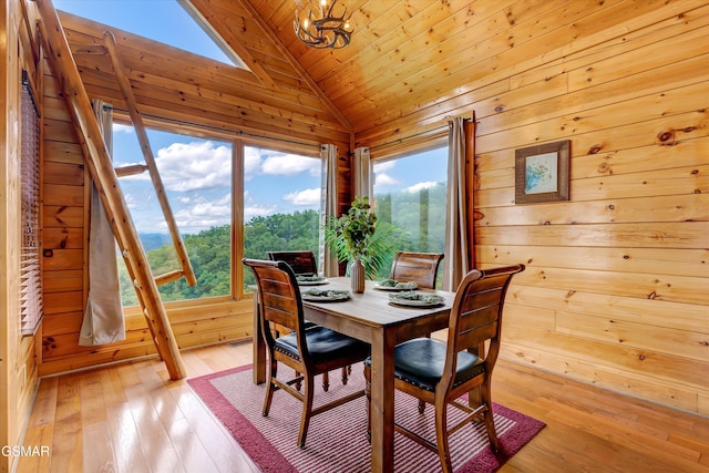 2513 Look Afar View Dr, Sevierville, TN 37876 - dining space with wooden ceiling, wooden walls, lofted ceiling, a skylight, and light wood-style floors