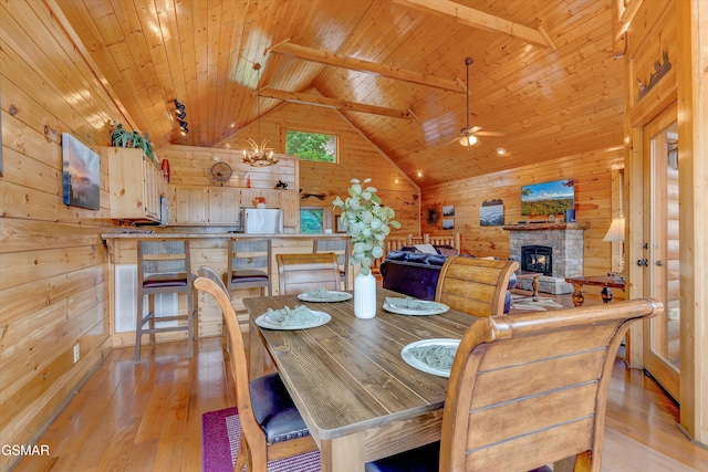 2513 Look Afar View Dr, Sevierville, TN 37876 - dining space with a wooden ceiling with exposed beams, wooden walls, a ceiling fan, light wood-style floors, and a stone fireplace