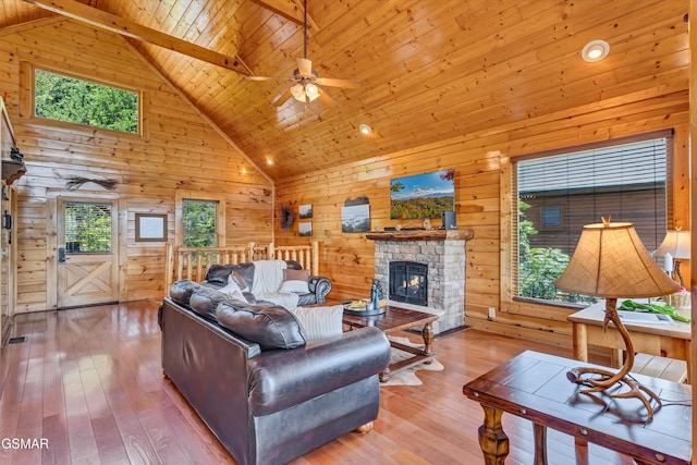 2513 Look Afar View Dr, Sevierville, TN 37876 - living room featuring high vaulted ceiling, wood ceiling, wooden walls, wood-type flooring, and ceiling fan