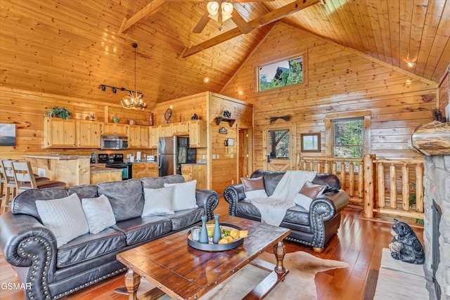 2513 Look Afar View Dr, Sevierville, TN 37876 - living area with high vaulted ceiling, wooden walls, light wood-style flooring, a wooden ceiling with exposed beams, and a chandelier