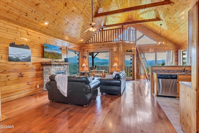 2513 Look Afar View Dr, Sevierville, TN 37876 - living area with hardwood / wood-style floors, a wood ceiling with exposed beams, high vaulted ceiling, ceiling fan, and a fireplace