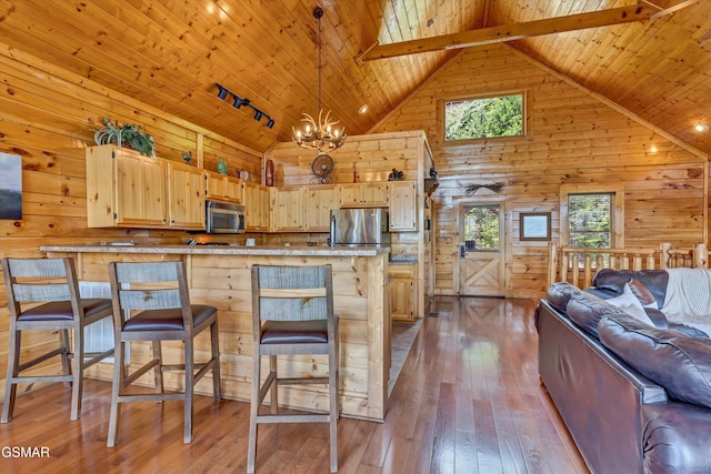 2513 Look Afar View Dr, Sevierville, TN 37876 - kitchen with stainless steel appliances, a wooden ceiling with exposed beams, hardwood / wood-style floors, open floor plan, and wood walls