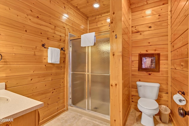 2513 Look Afar View Dr, Sevierville, TN 37876 - bathroom featuring a shower stall, vanity, wooden walls, and tile patterned floors