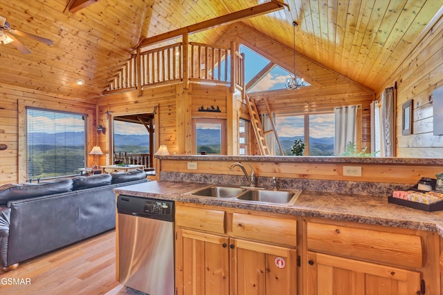 2513 Look Afar View Dr, Sevierville, TN 37876 - kitchen featuring dishwasher, open floor plan, wooden walls, wooden ceiling, and light wood finished floors