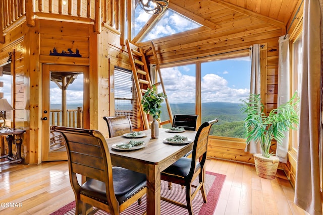 2513 Look Afar View Dr, Sevierville, TN 37876 - dining area featuring wooden walls, vaulted ceiling, light wood-style flooring, and wooden ceiling