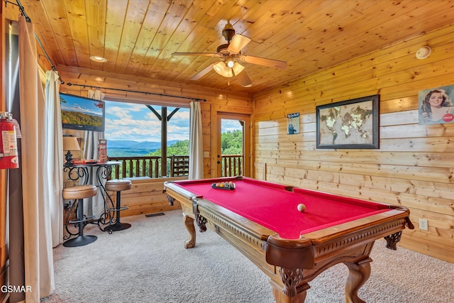 2513 Look Afar View Dr, Sevierville, TN 37876 - rec room with carpet, wood ceiling, wooden walls, billiards, and ceiling fan