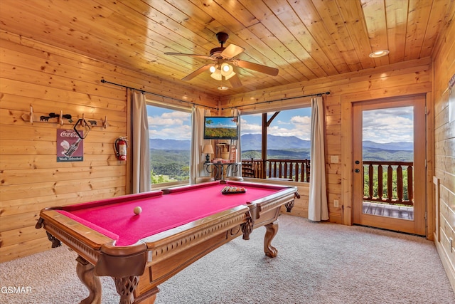 2513 Look Afar View Dr, Sevierville, TN 37876 - recreation room featuring carpet, wooden walls, pool table, plenty of natural light, and wood ceiling