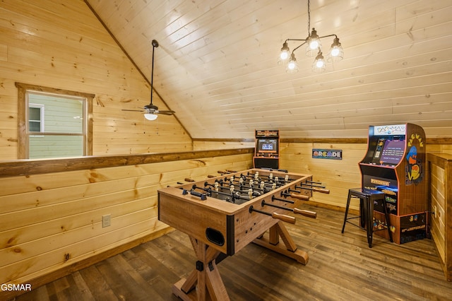 rec room with dark hardwood / wood-style floors, wood ceiling, lofted ceiling, and wooden walls