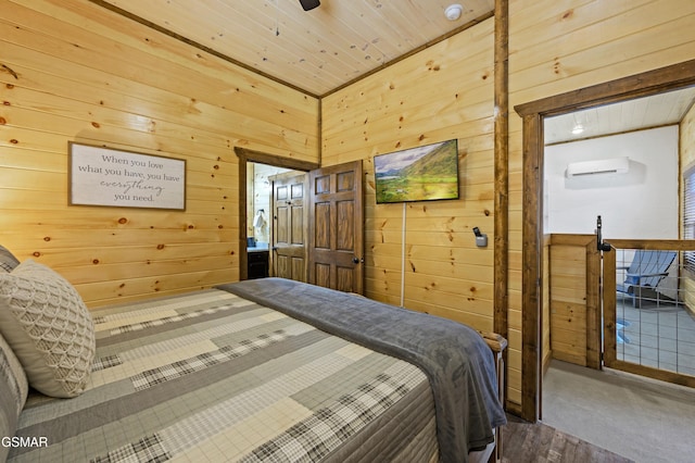 bedroom featuring a wall mounted air conditioner, wooden ceiling, and wooden walls