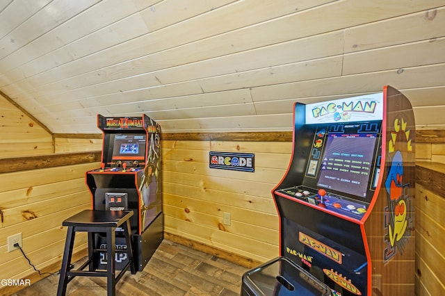 recreation room featuring wood ceiling, lofted ceiling, wooden walls, and dark hardwood / wood-style flooring