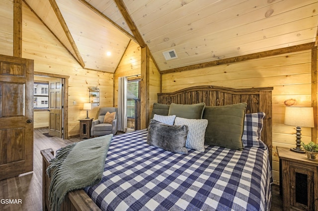 bedroom with lofted ceiling with beams, dark hardwood / wood-style floors, wood ceiling, and wood walls