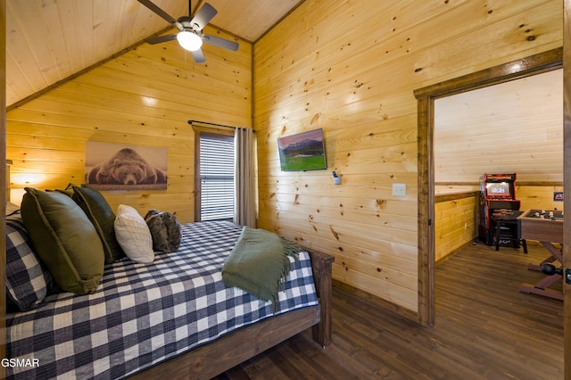 bedroom featuring dark wood-type flooring, lofted ceiling, wood walls, wood ceiling, and ceiling fan