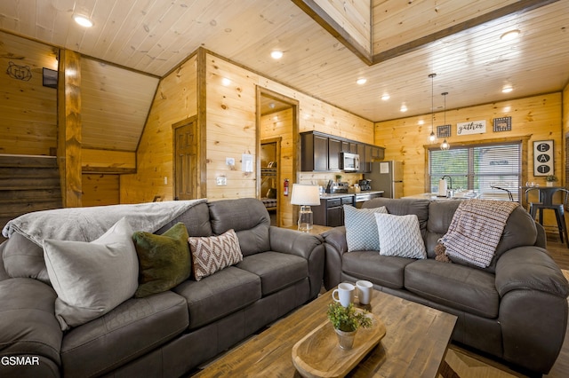 living room featuring wooden ceiling and wooden walls