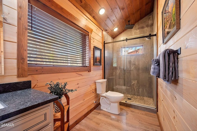 2229 Legend Dr, Sevierville, TN 37876 - full bathroom featuring a shower stall, vaulted ceiling, wood finished floors, wood ceiling, and vanity