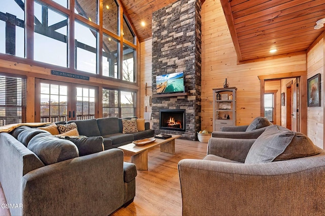 2229 Legend Dr, Sevierville, TN 37876 - living area with wood ceiling, plenty of natural light, high vaulted ceiling, light wood-type flooring, and wooden walls