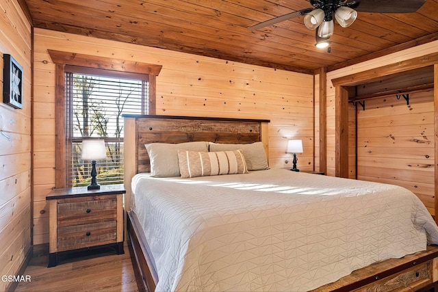 2229 Legend Dr, Sevierville, TN 37876 - bedroom with wood walls, wood ceiling, wood finished floors, and ceiling fan