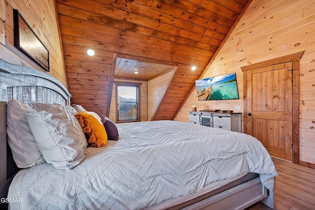 2229 Legend Dr, Sevierville, TN 37876 - bedroom featuring wooden walls, wood finished floors, wooden ceiling, and vaulted ceiling