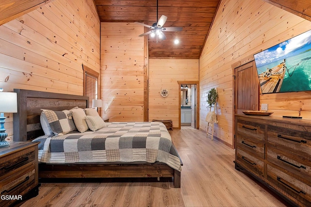 2229 Legend Dr, Sevierville, TN 37876 - bedroom with wood walls, high vaulted ceiling, light wood finished floors, and wood ceiling