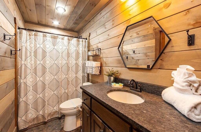 bathroom with wood walls, vanity, wooden ceiling, and toilet