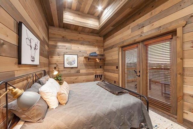 bedroom featuring wood walls and wood ceiling