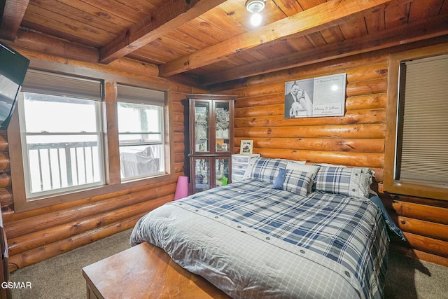 carpeted bedroom with beam ceiling, wooden ceiling, and rustic walls