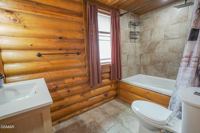 bathroom with vanity, toilet, shower / bathtub combination with curtain, and log walls