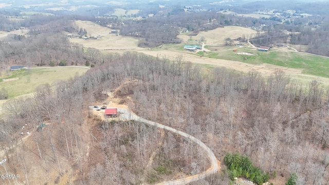 bird's eye view with a rural view and a wooded view