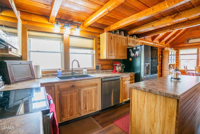 kitchen featuring wooden ceiling, dark wood-style flooring, appliances with stainless steel finishes, and a sink