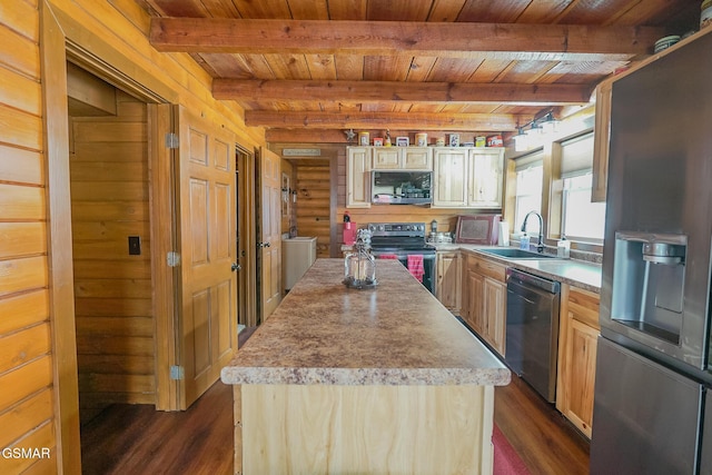 kitchen with a sink, a kitchen island, appliances with stainless steel finishes, and wooden ceiling