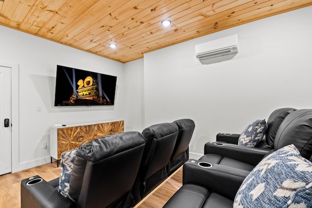 home theater featuring hardwood / wood-style floors, a wall mounted air conditioner, and wooden ceiling