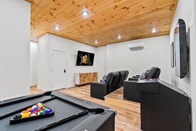 workout area with hardwood / wood-style floors, wood ceiling, and an AC wall unit