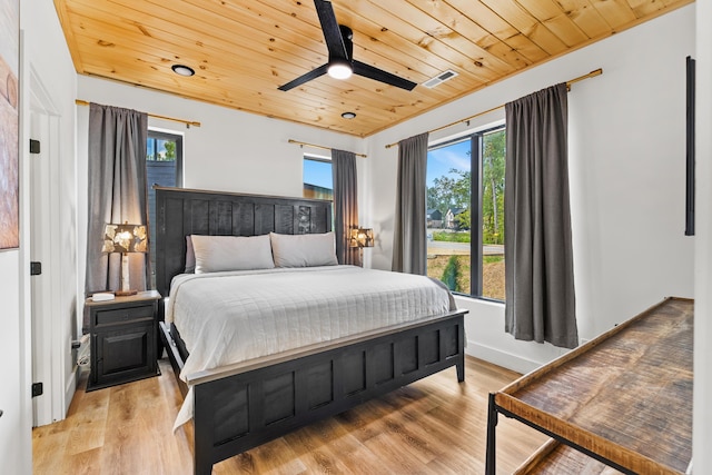 bedroom featuring wood ceiling, ceiling fan, and light wood-type flooring