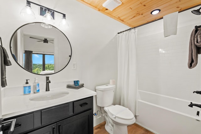 full bathroom with toilet, wood ceiling, wood-type flooring, vanity, and shower / bath combination with curtain