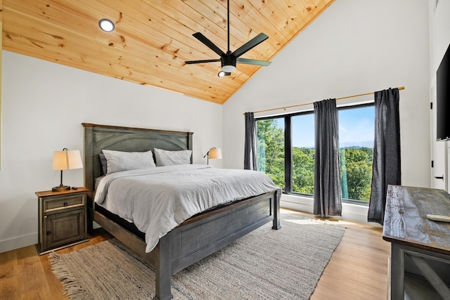 bedroom featuring ceiling fan, high vaulted ceiling, wooden ceiling, and light wood-type flooring