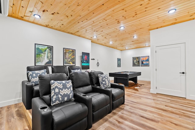 home theater with wooden ceiling and light hardwood / wood-style floors