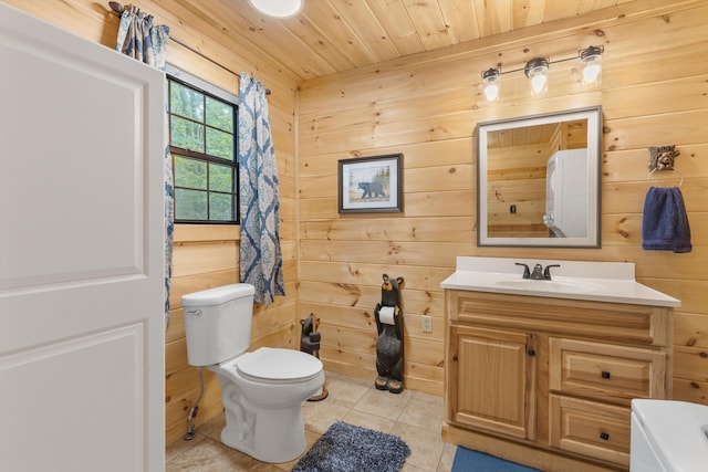 bathroom with wooden walls, vanity, wooden ceiling, and toilet