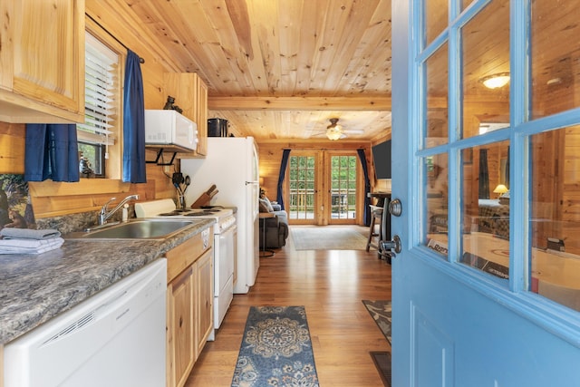 kitchen featuring light brown cabinets, french doors, sink, white appliances, and wood ceiling