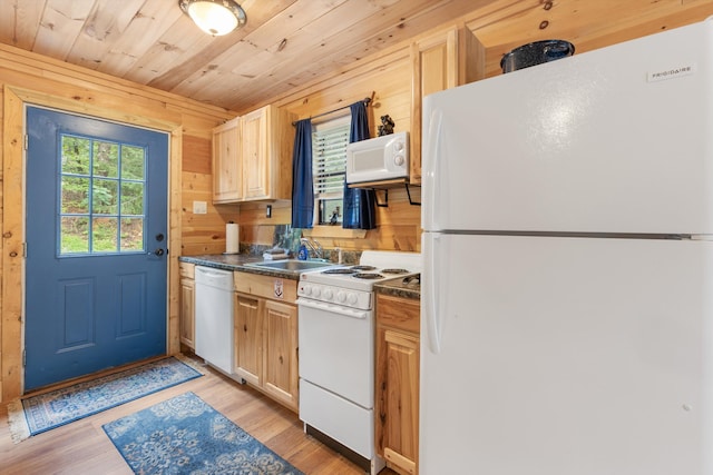 kitchen with wood walls, light brown cabinets, wooden ceiling, and white appliances