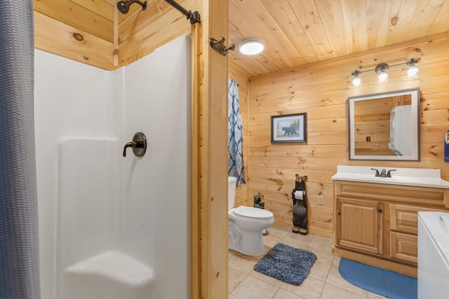 bathroom featuring vanity, wooden ceiling, a shower with curtain, wooden walls, and tile patterned flooring