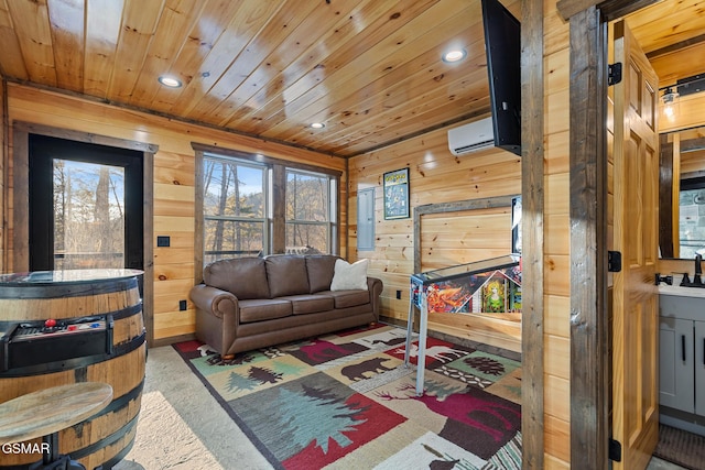 living room featuring a wall unit AC, wood walls, wood ceiling, and recessed lighting