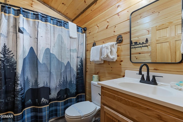 bathroom featuring toilet, wooden ceiling, vanity, and wood walls