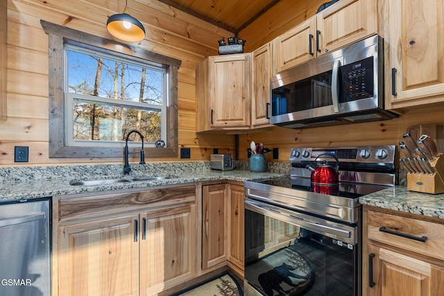 kitchen with appliances with stainless steel finishes, wood walls, a sink, and light stone countertops