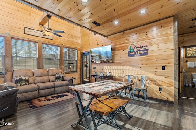 dining area with wooden walls, wood ceiling, ceiling fan, wood finished floors, and recessed lighting