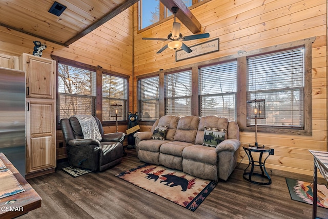 living room featuring wood walls, plenty of natural light, dark wood finished floors, and wooden ceiling