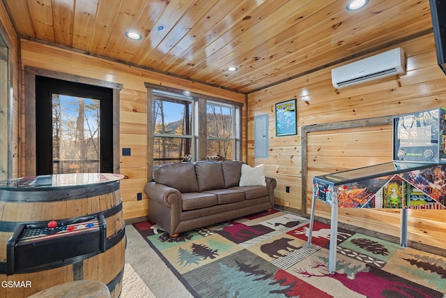 interior space featuring recessed lighting, a wall unit AC, wood ceiling, and wooden walls