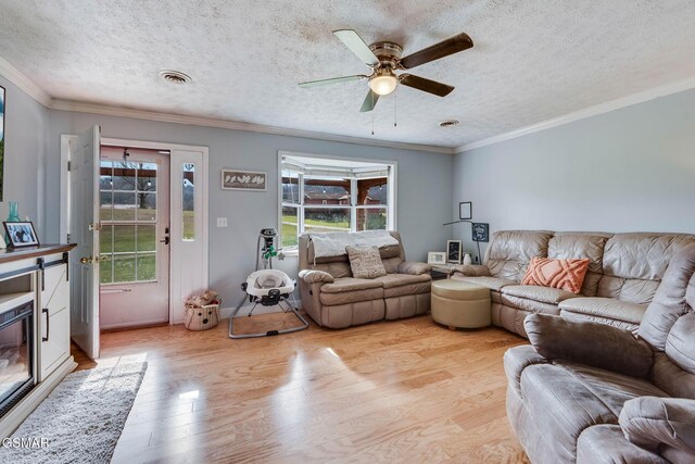 living room featuring a healthy amount of sunlight, a textured ceiling, and light hardwood / wood-style floors