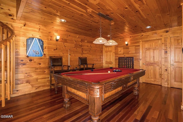 2412 Breezey Ridge Dr, Sevierville, TN 37876 - game room with pool table, dark wood-type flooring, wooden ceiling, wood walls, and recessed lighting