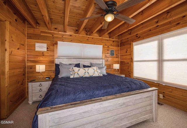 2412 Breezey Ridge Dr, Sevierville, TN 37876 - bedroom featuring carpet floors, wood walls, and a wooden ceiling with exposed beams