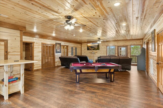 3316 Grace Way, Sevierville, TN 37876 - playroom featuring wooden ceiling, dark wood-type flooring, billiards, wooden walls, and ceiling fan